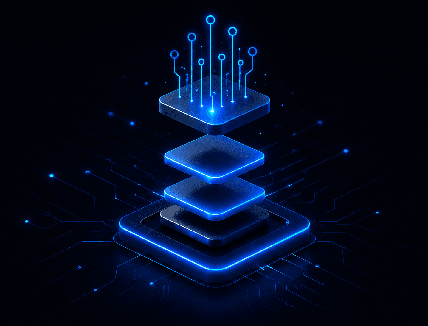 DATANOVA stacked microchip — data layers assembling into intelligence